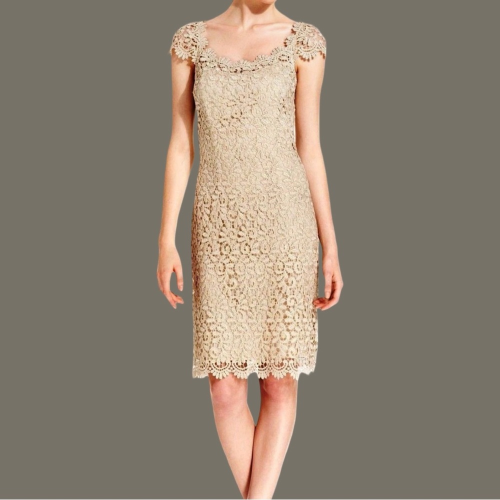 BETSY & ADAM Nude Gold Crochet Lace MetallicCocktail